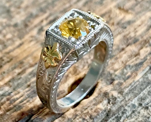 Estate Hand Wrought Platinum Yellow Gold Sapphire Ring