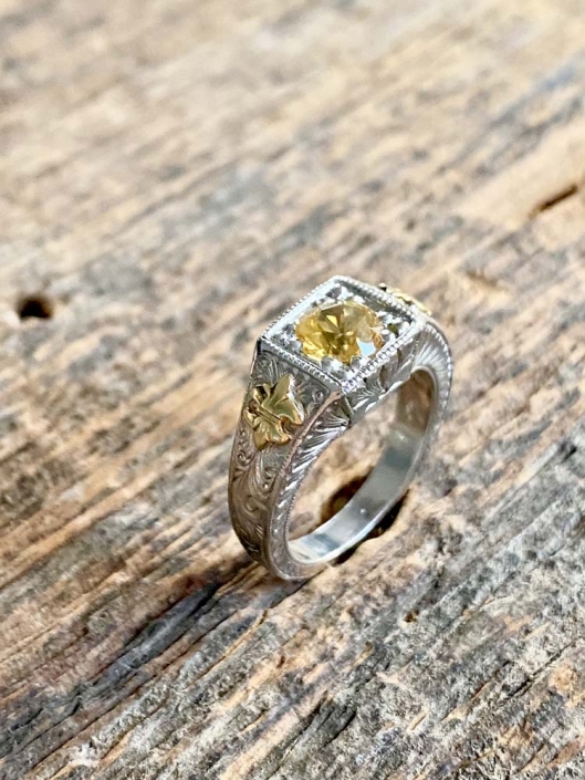 Estate Hand Wrought Platinum Yellow Gold Sapphire Ring