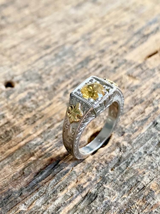 Estate Hand Wrought Platinum Yellow Gold Sapphire Ring