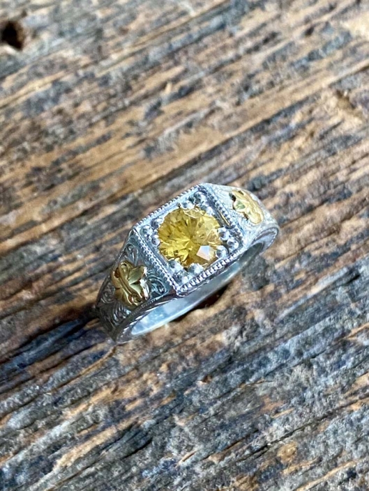 Estate Hand Wrought Platinum Yellow Gold Sapphire Ring