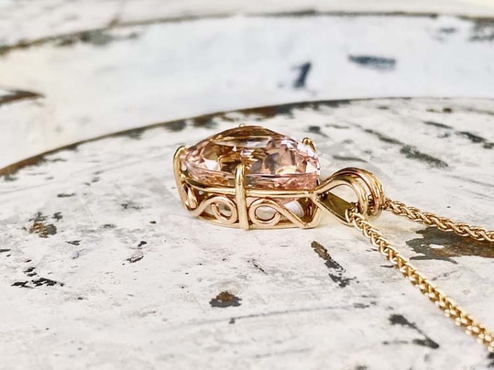 18K Rose Gold, Hand Wrought 19.16 ct Pear Morganite Wheat Chain