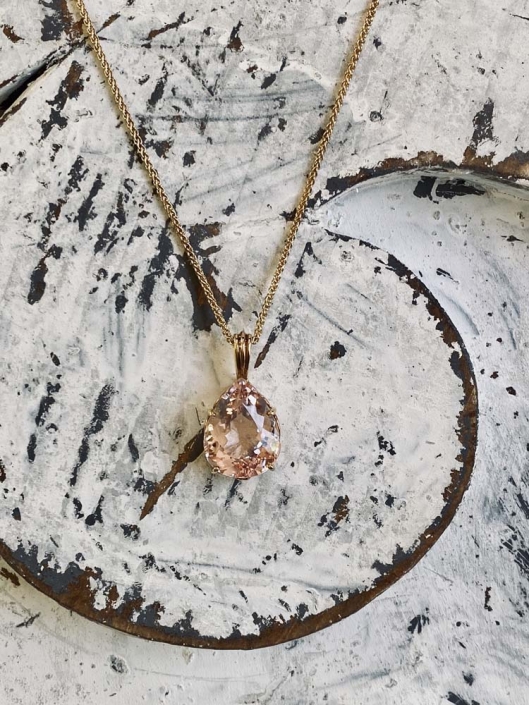 18K Rose Gold, Hand Wrought 19.16 ct Pear Morganite Wheat Chain