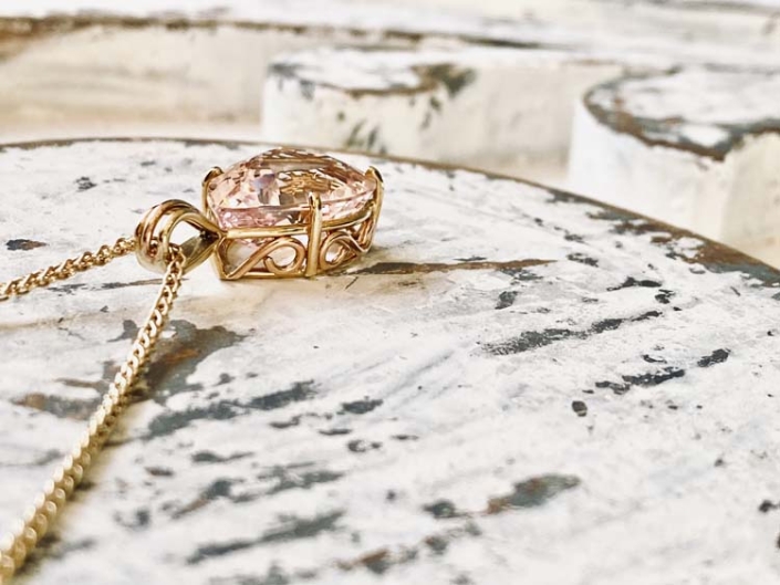 18K Rose Gold, Hand Wrought 19.16 ct Pear Morganite Wheat Chain